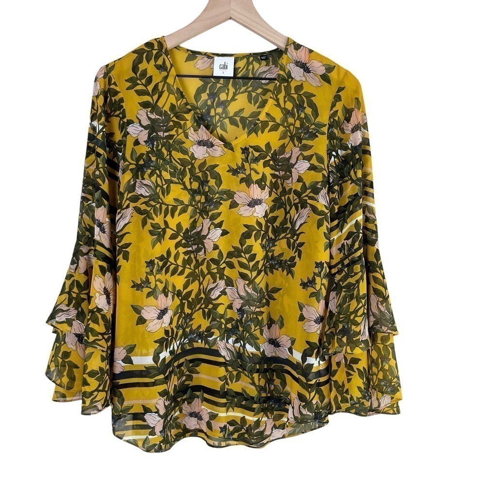 Cabi Spring Scene Yellow‎ Floral Bell Sleeve Sheer Blouse Top, Size Small